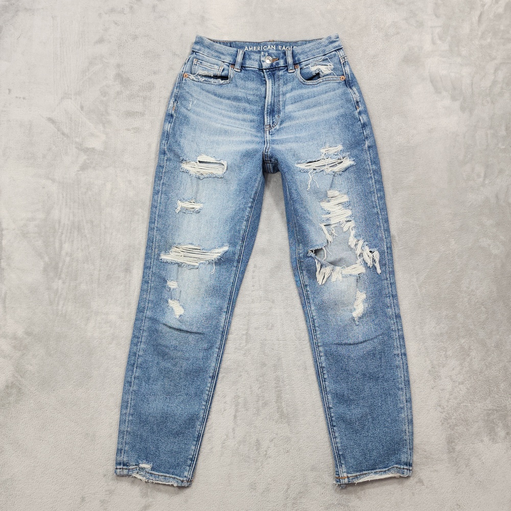 American Eagle Jeans Womens 2 Blue High Rise Curvy Mom Distressed Stretch Denim